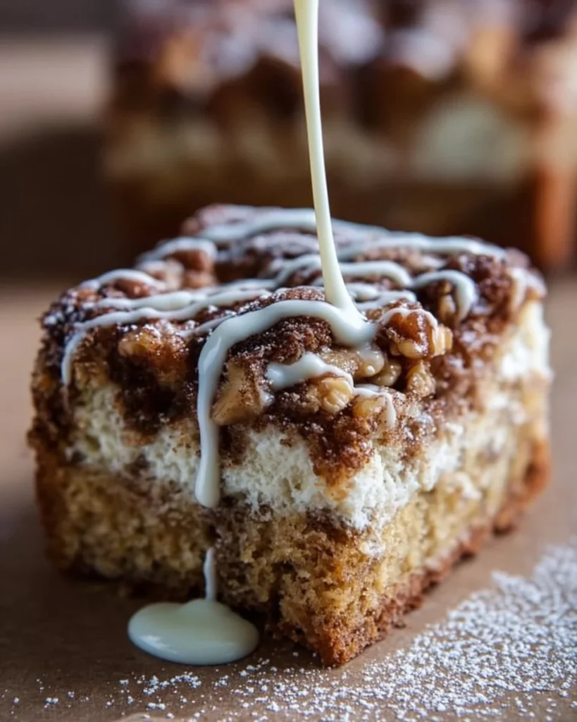 Delicious homemade coffee cake with a crumb topping and coffee cup