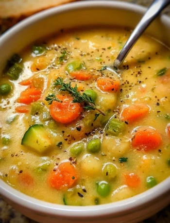 Bowl of comforting one-pot creamy vegetable soup with colorful vegetables