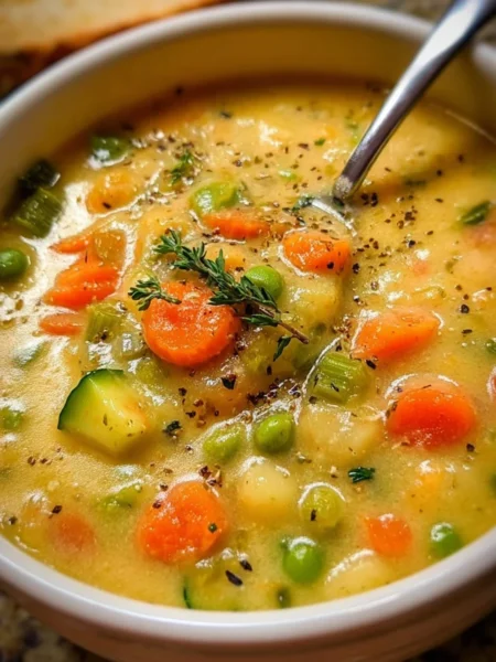 Bowl of comforting one-pot creamy vegetable soup with colorful vegetables