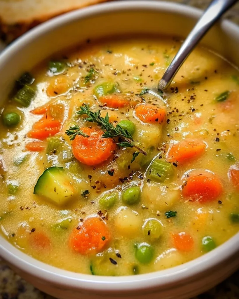Bowl of comforting one-pot creamy vegetable soup with colorful vegetables