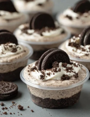 Delicious Cookies and Cream Dessert Cups topped with chocolate cookies and whipped cream