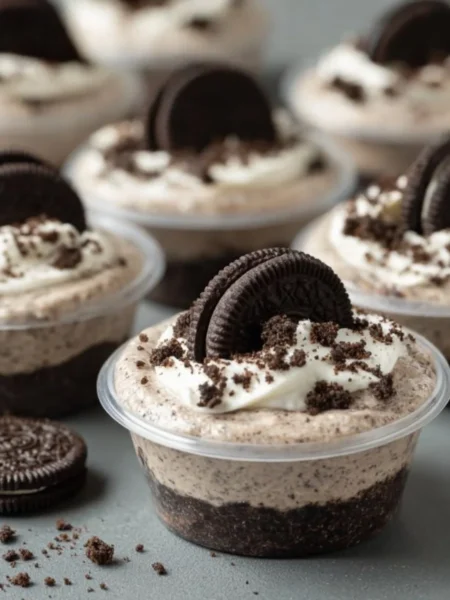 Delicious Cookies and Cream Dessert Cups topped with chocolate cookies and whipped cream