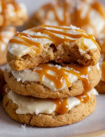 Delicious copycat Crumbl salted caramel cheesecake cookies on a plate.