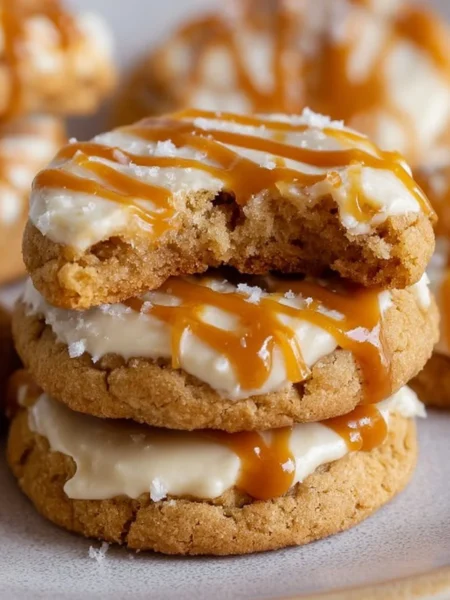 Delicious copycat Crumbl salted caramel cheesecake cookies on a plate.