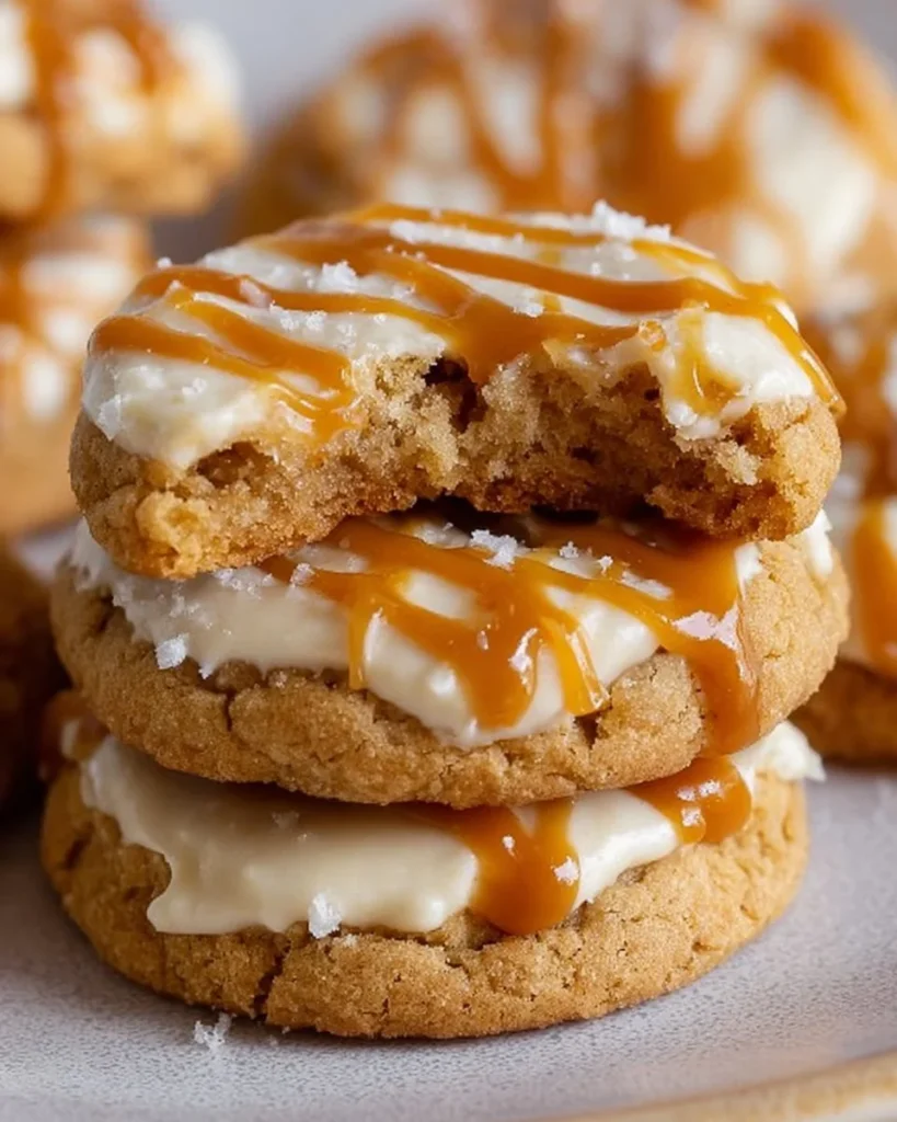 Delicious copycat Crumbl salted caramel cheesecake cookies on a plate.