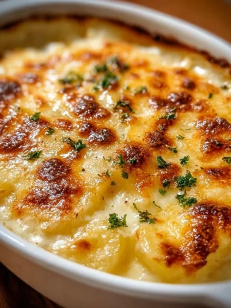 Delicious Copycat Ruth's Chris potatoes au gratin topped with golden cheese