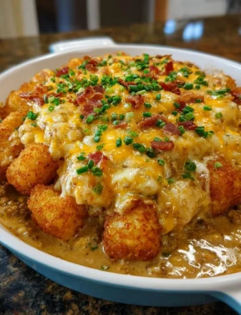 A delicious Cowboy Casserole served in a rustic dish with melted cheese and toppings.