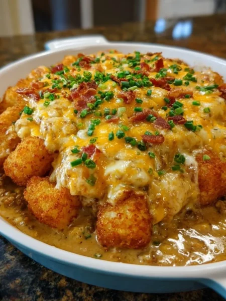 A delicious Cowboy Casserole served in a rustic dish with melted cheese and toppings.