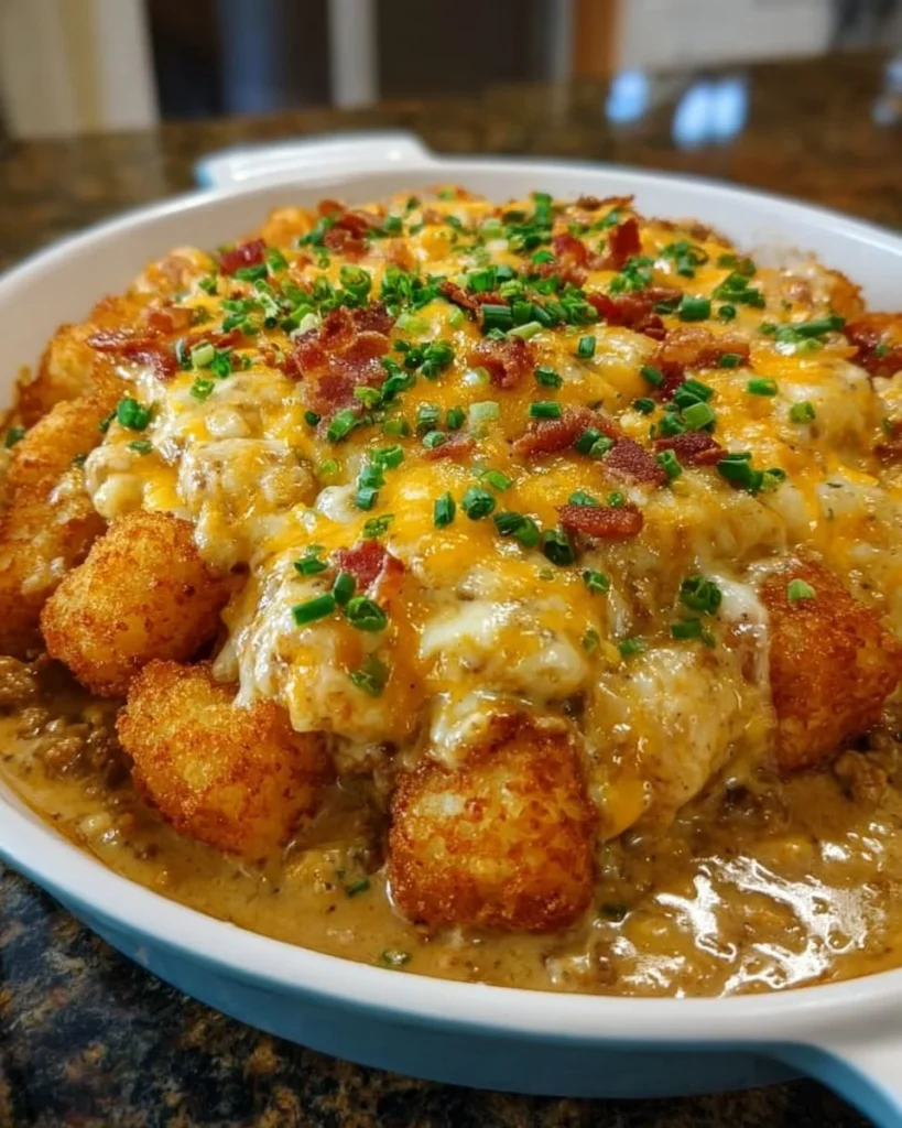 A delicious Cowboy Casserole served in a rustic dish with melted cheese and toppings.