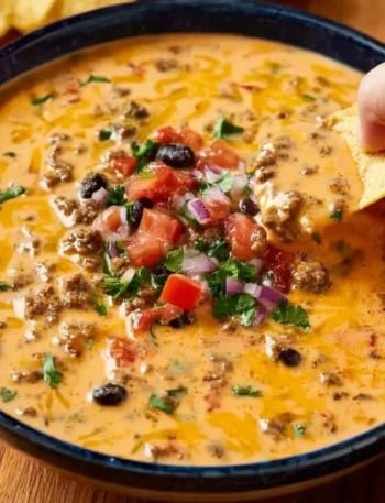 Delicious Cowboy Queso served in a bowl with toppings