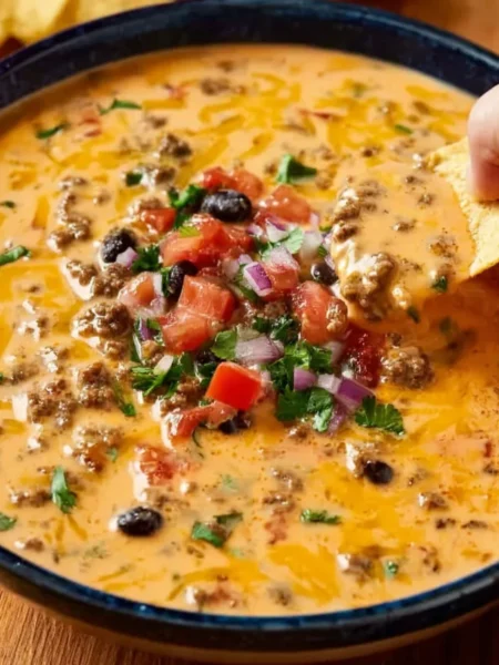 Delicious Cowboy Queso served in a bowl with toppings