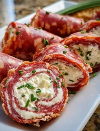 Cream Cheese Salami Roll Ups appetizer on a serving platter
