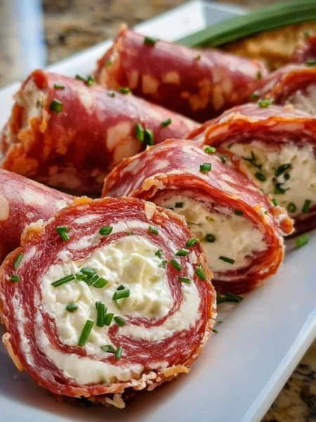 Cream Cheese Salami Roll Ups appetizer on a serving platter
