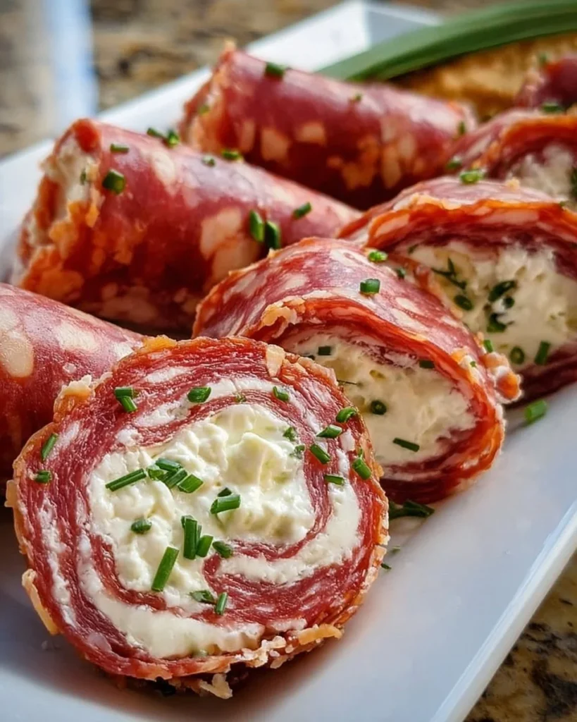 Cream Cheese Salami Roll Ups appetizer on a serving platter