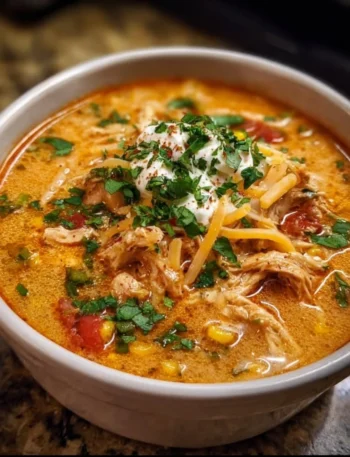 Bowl of creamy chicken enchilada soup topped with cheese and cilantro