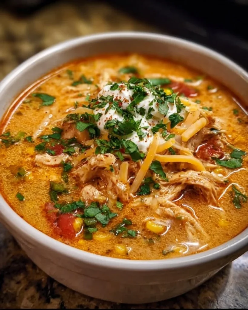 Bowl of creamy chicken enchilada soup topped with cheese and cilantro