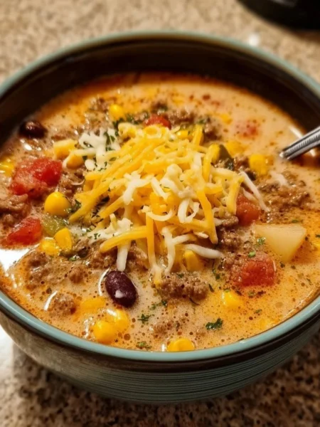 Creamy Cowboy Soup in a rustic bowl, perfect for cozy weeknight dinners.