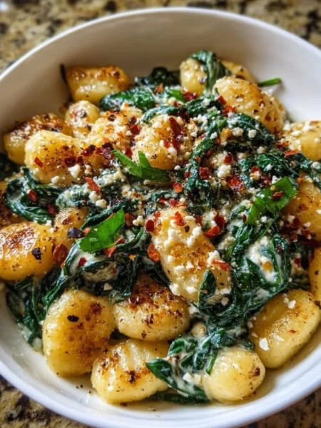 Delicious creamy gnocchi served with spinach and feta cheese