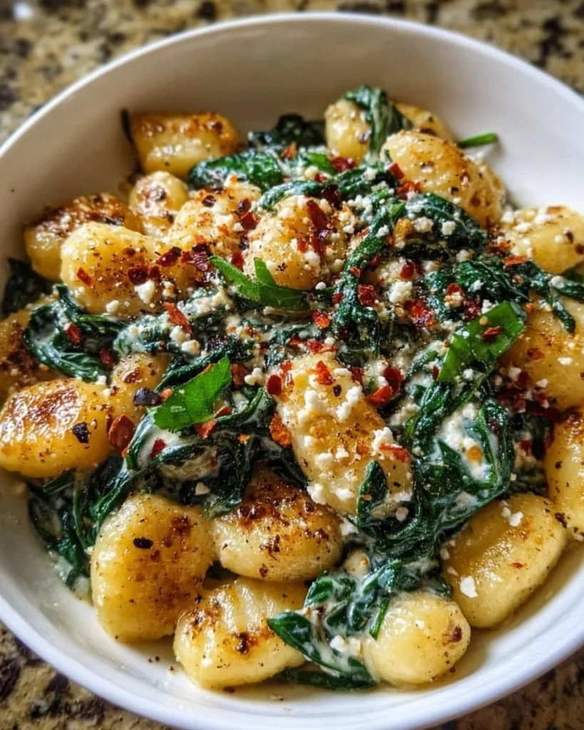 Delicious creamy gnocchi served with spinach and feta cheese