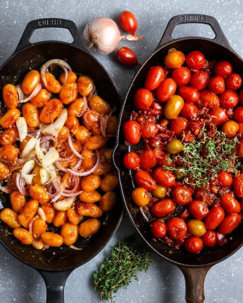 Creamy roasted tomato gnocchi dish served in a bowl with fresh basil