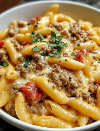 Delicious creamy Rotel pasta with ground beef served in a cozy bowl