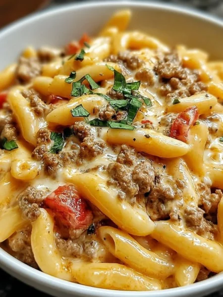 Delicious creamy Rotel pasta with ground beef served in a cozy bowl