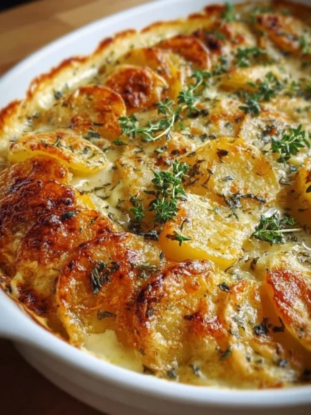 Creamy scalloped potatoes baked to perfection with cheese and cream