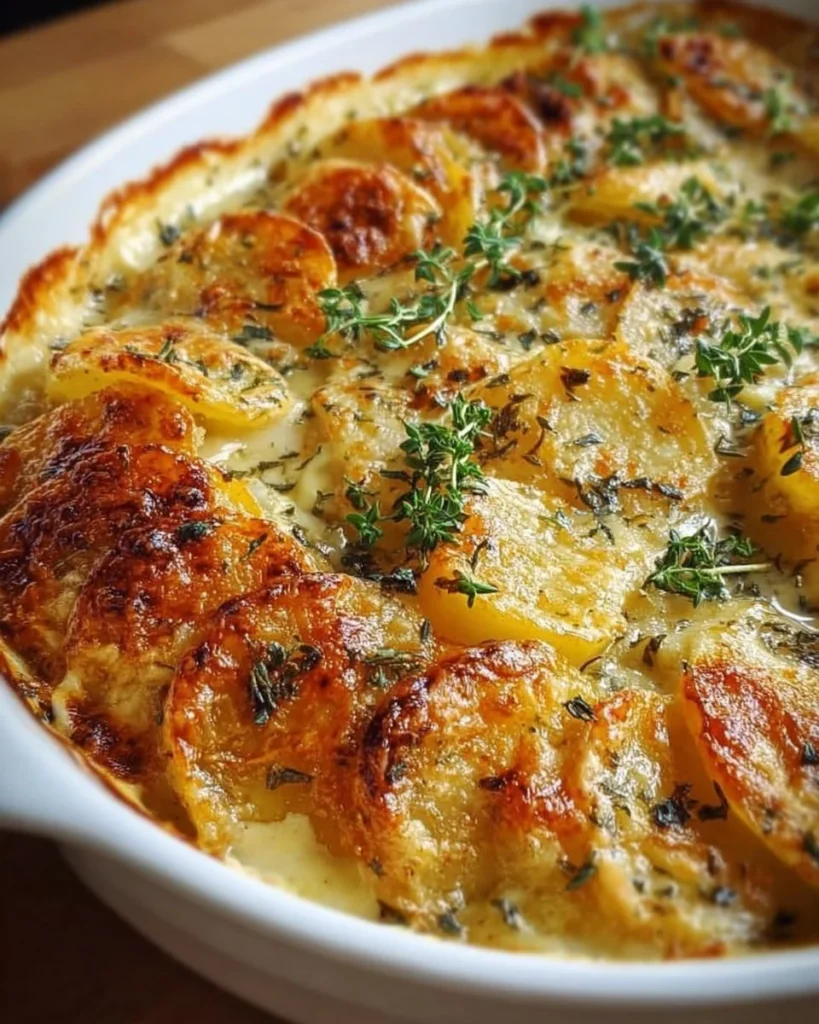 Creamy scalloped potatoes baked to perfection with cheese and cream
