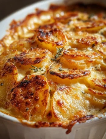 Creamy scalloped potatoes served in a baking dish