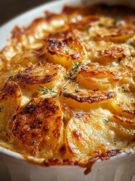 Creamy scalloped potatoes served in a baking dish
