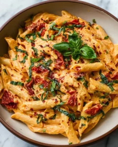 Creamy vegan sun-dried tomato pasta dish garnished with fresh herbs.