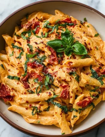 Creamy vegan sun-dried tomato pasta dish garnished with fresh herbs.