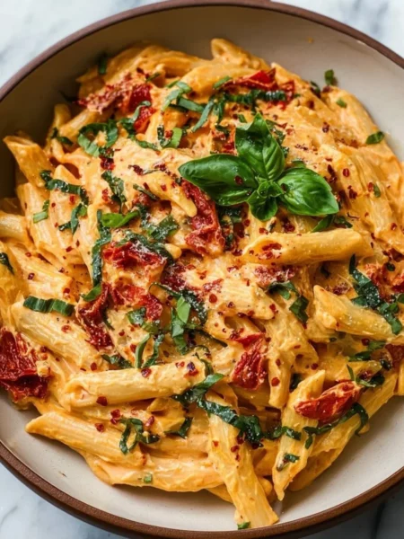Creamy vegan sun-dried tomato pasta dish garnished with fresh herbs.