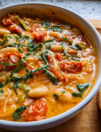 Bowl of creamy vegan tomato white bean stew with fresh herbs