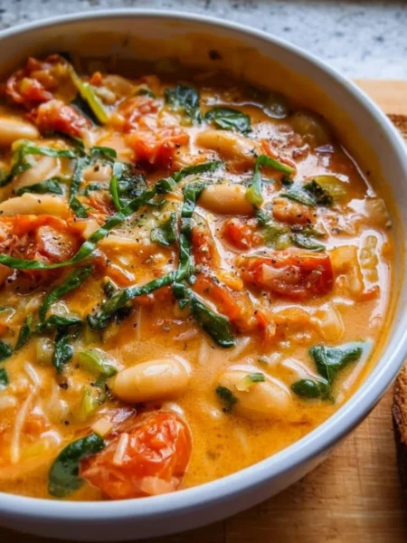 Bowl of creamy vegan tomato white bean stew with fresh herbs
