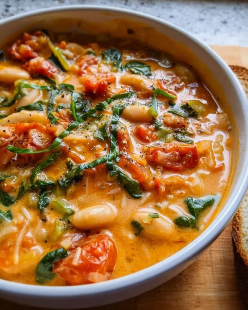 Bowl of creamy vegan tomato white bean stew with fresh herbs