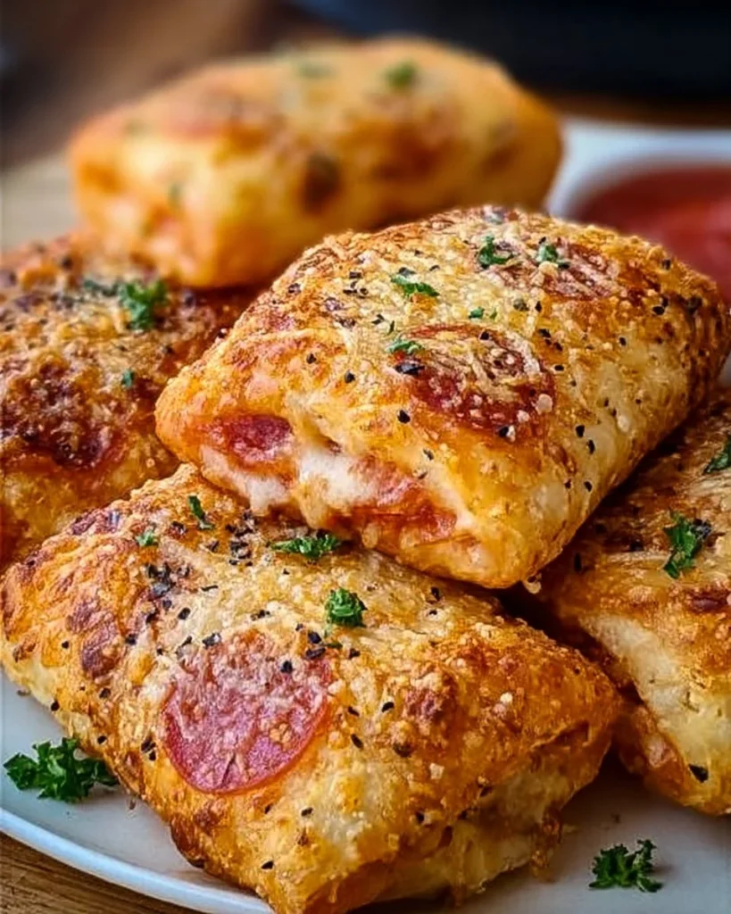 Crispy air fryer pizza rolls ready to be served as a delicious snack.