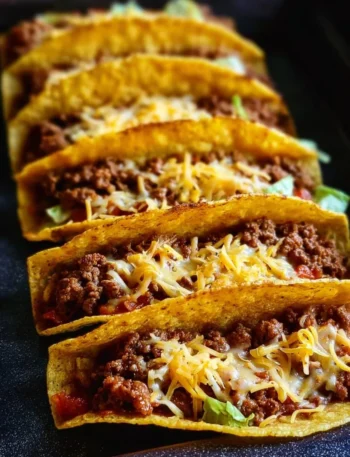 Crispy Beef Tacos filled with seasoned beef and toppings