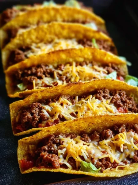 Crispy Beef Tacos filled with seasoned beef and toppings
