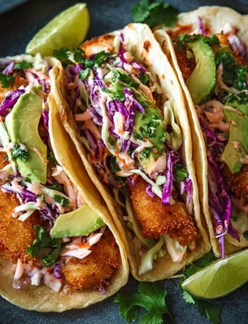 Delicious crispy fish tacos served with fresh toppings and lime wedges
