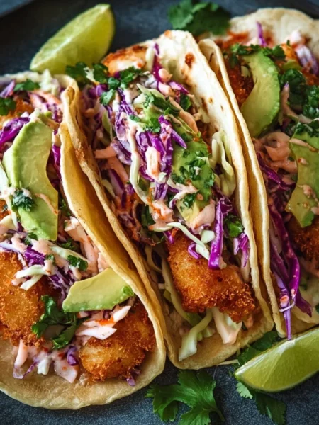 Delicious crispy fish tacos served with fresh toppings and lime wedges