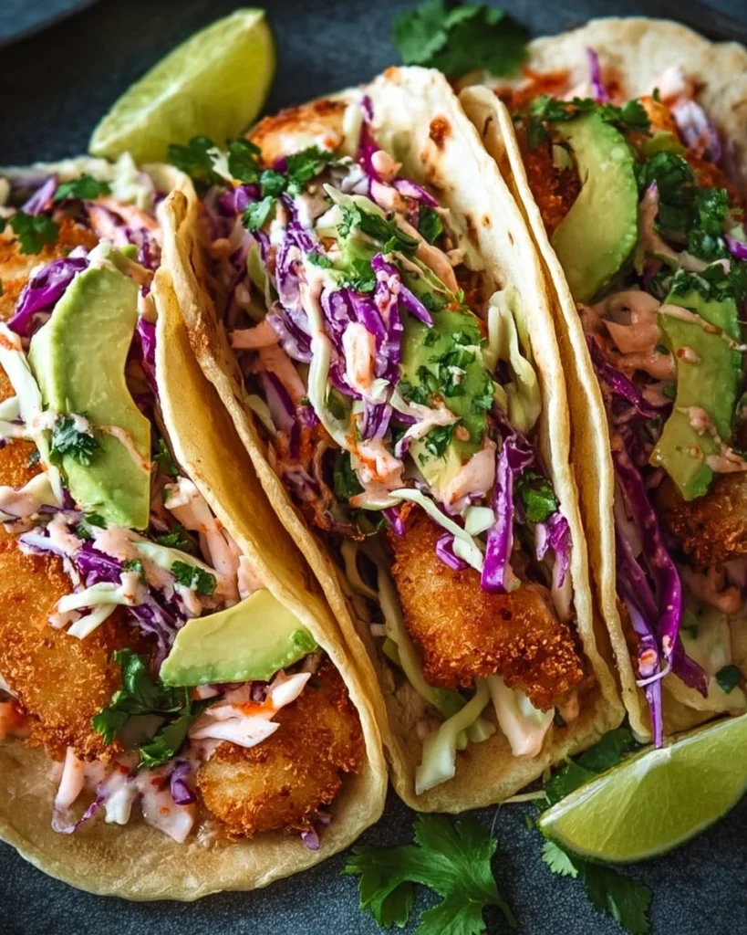 Delicious crispy fish tacos served with fresh toppings and lime wedges