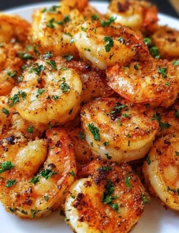 Crispy garlic butter shrimp cooked in an air fryer, garnished with herbs.