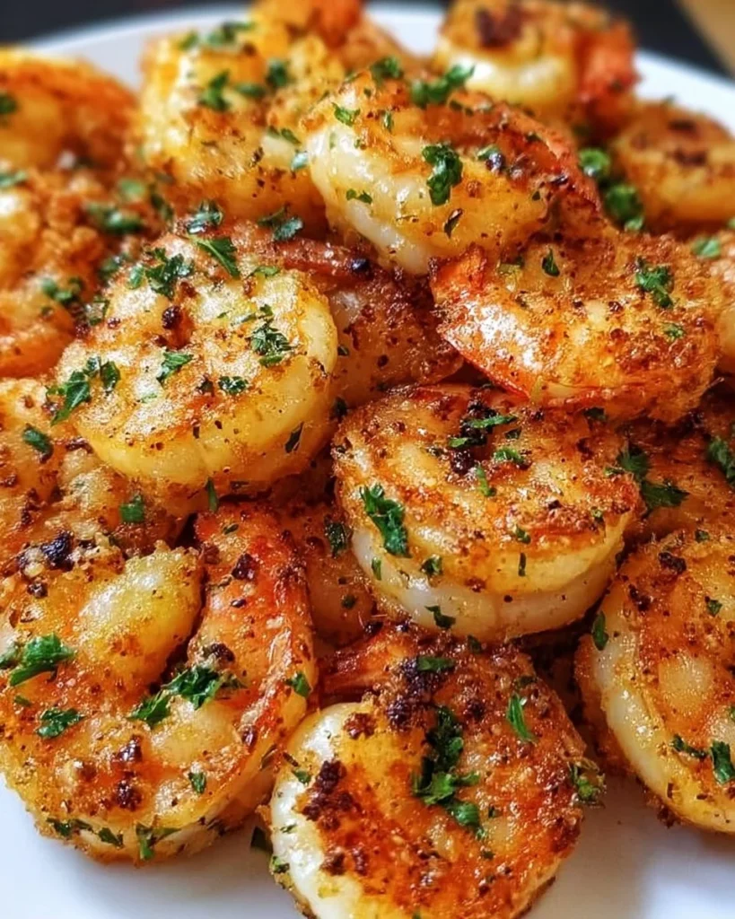 Crispy garlic butter shrimp cooked in an air fryer, garnished with herbs.