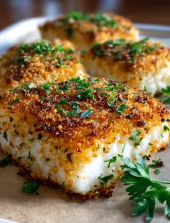 Plate of Crispy Garlic Parmesan Halibut with fresh herbs and lemon wedges