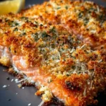 Crispy Parmesan Salmon Bake served on a plate with fresh herbs