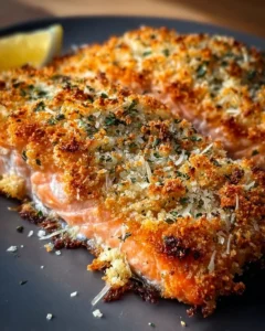 Crispy Parmesan Salmon Bake served on a plate with fresh herbs