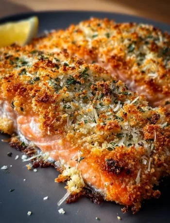 Crispy Parmesan Salmon Bake served on a plate with fresh herbs