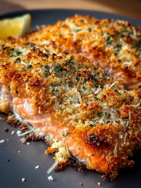 Crispy Parmesan Salmon Bake served on a plate with fresh herbs