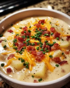 Delicious bowl of crack potato soup made in a crock pot, garnished with chives.
